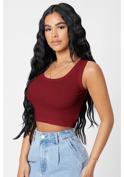 Angbutik Kadın Bordo Kare Yaka Crop Top Bluz