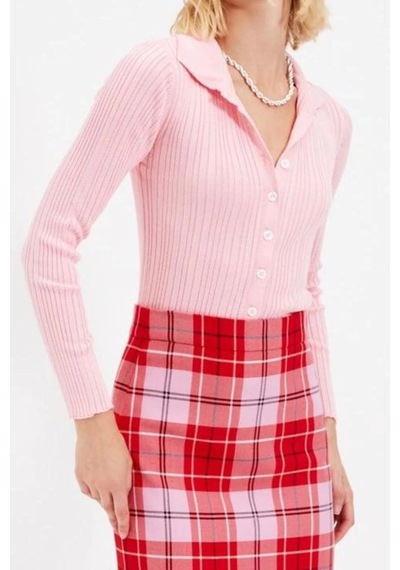 Ersefa Kadın Modern Tarz Slim Polo Yaka Regular Triko Hırka Pembe