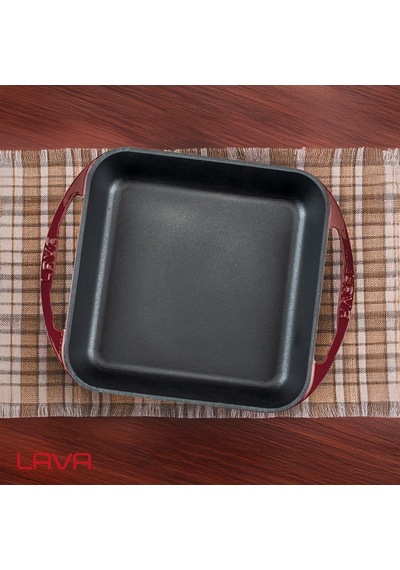 Lava Döküm Kare Kızartma Tavası Döküm Demir Yekpare Çift Kulplu Ölçü 26x26cm.-bordo Bordo