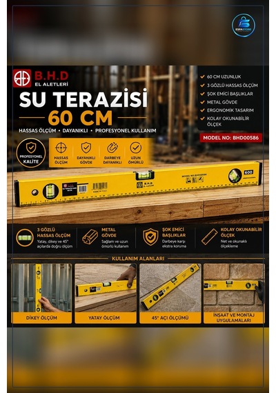 Su Terazisi 60 Cm Metal Gövdeli Cam Libelleli Yatay Dikey Ölçüm M