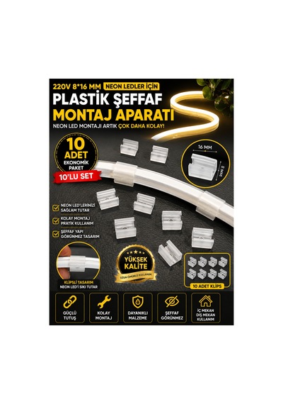 10 Adet Neon Led Tutucu Klips 1 Vidalı Duvar Aparatı,bağlantı Montaj Aparatı,kroşe,plastik Şeffaf Montaj Aparatı