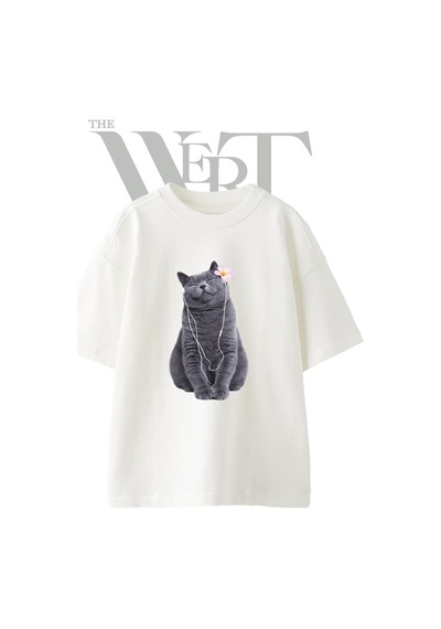 Thewert Gri Kedi Kulaklik Tasarım Baskılı Ünisex Beyaz Oversize T-shirt