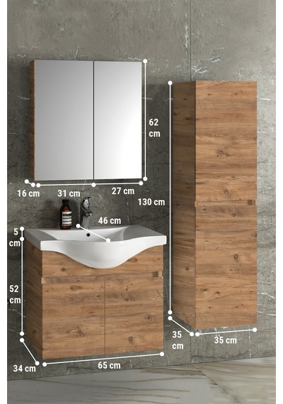 Yıldız 65+35 Cm Atlantik Çam Mdf Seramik Lavabolu Asma Banyo Dolabı Takımı
