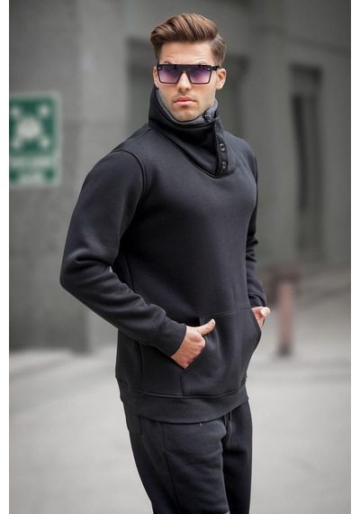 Madmext Madmext Triko Yaka Düğmeli Siyah Sweatshirt 4411-siyah Siyah