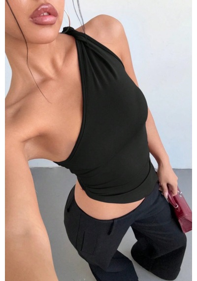 Kadın Siyah Tek Omuz Bluz Asimetrik Kesim Likralı Crop Şık Ve Modern Tasarım Siyah