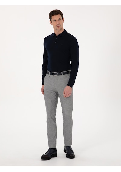 Cacharel Gri Slim Fit Mikro Desenli Pamuk Karışımlı Kanvas Pantolon