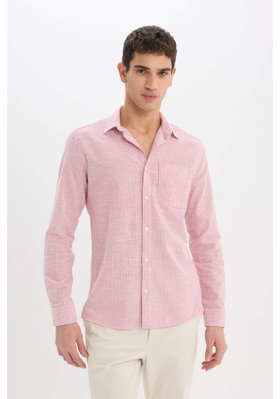 DeFacto %100 Pamuk Modern Fit Polo Yaka Çizgili Uzun Kollu Gömlek E5046AX25SMRD92