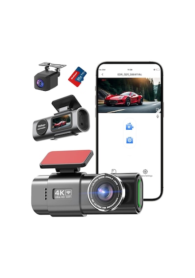 Wifi Dashcam Araç Ön Arka, 4k+1080p, Araç Kamerası, 64g Sd Kartlı Uygulama Kontrolü Araç Kamera