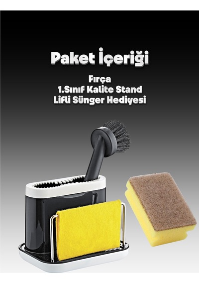 Grimorlife Fırçalı Telli Mutfak Seti Siyah- Standlı Plastik Mutfak Lifli Sünger Hediyeli Siyah