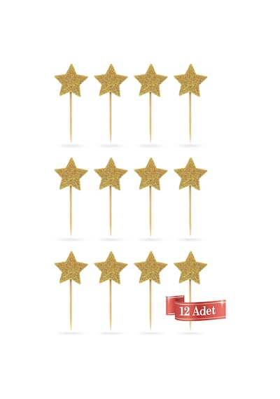 Gold-kırmızı Çift Taraflı Yıldız Simli Eva Kürdan Cupcake Toppers Cupcake Çubuğu 12'li