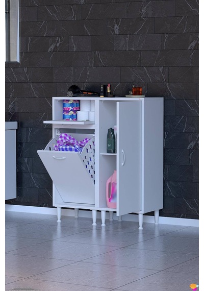 Lina 70 Cm Çok Amaçlı Banyo Dolabı Ve Çamaşır Sepetli Düzenleyici Beyaz 35+35 X97x32 Cm