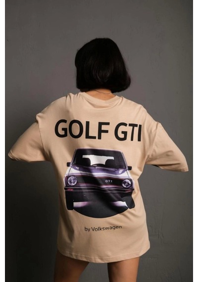 Wear Vexel Kadın Oversize Tişört Golf Gtı Retro Araba Baskılı T-shirt - Bej Bej