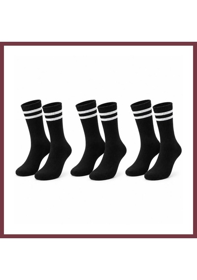 Storeşahin Siyah Çorap Beyaz Çizgili 3'lü Set Unisex Uzun Soket Günlük Spor Rahat Kolej Stil Çorap Seti Shn0720