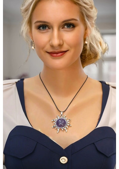 Güneş Motifli Ametist Kolye 421-4 Mor