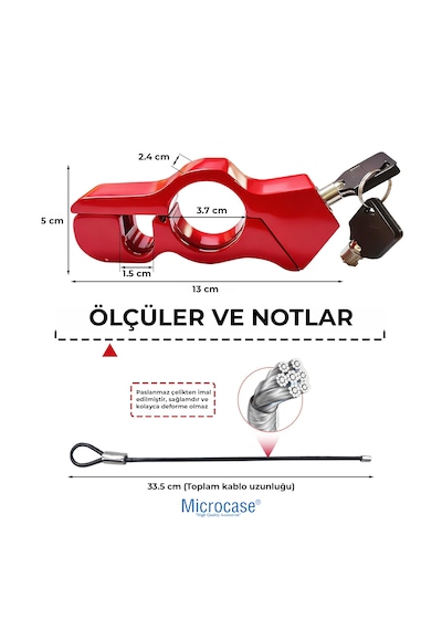 Microcase Motosiklet Direksiyon Fren Kilidi - Kask Kilitleme Kablolu E-scooter Ve Bisiklet Elcik Kilidi, Paslanmaz Çelik Güvenlik Kilidi Kırmızı - Al5871