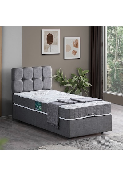 Setaymobilya Baza, Berlin Tek Kişilik Baza + Başlık + Comfort Yatak Seti, Gri