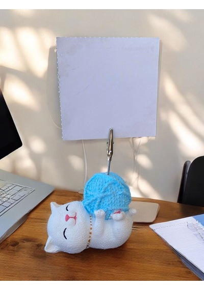 Mavi Yumak Tutan Oturan Kawaii Kedi Temalı Not Tutacağı Fotoğraf Tutacak Tutucu Ofis Seti Hediyelik Mavi