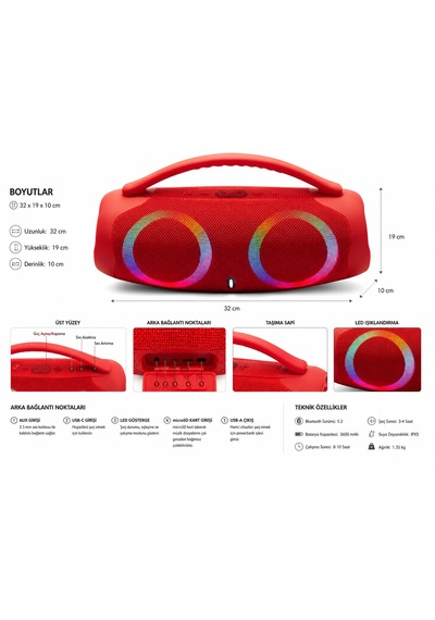 Booms Box3 Rbg Hoparlör Süper Bass Bluetooth Fm Radyo Udb Aux Tf Kart Desteği Renkli Led Işıklı 2 Hoparlörlü 5.3 Bluetooth Su Dayanıklı Taşınabilir
