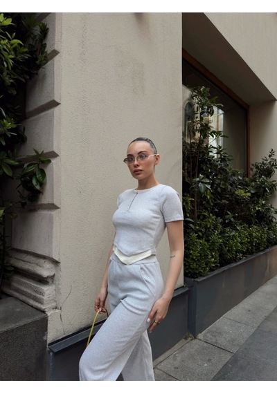 Byb Moda Tasarım Düğme Yakalı Gri Alt Üst Takım S3943 Gri