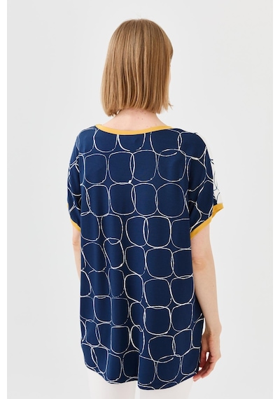 Kadın Yakası Ve Kolu Sarı Bantlı Penye T-shirt Laci/ekru Lacivert