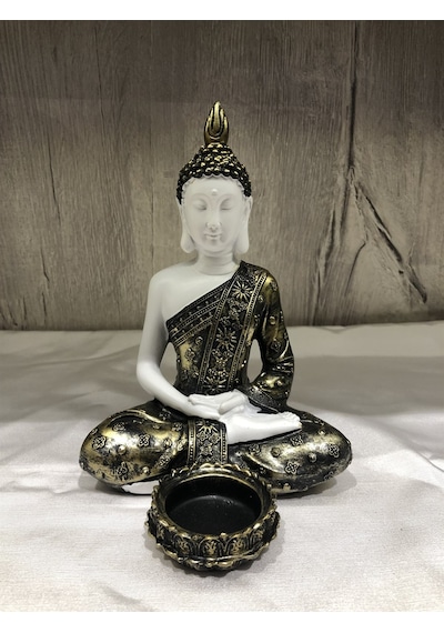 Pirinç Görünümlü Beyaz Buda Tealight Mumluk - Meditasyon Duruşlu