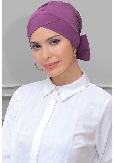 Hürrem Bone Koyu Gül K. Pratik Hazır Geçmeli Tesettür Bone Sandy Kumaş Fiyonklu Çift Taraflı Tek Çapraz 1833 21 Koyu Gülkurusu