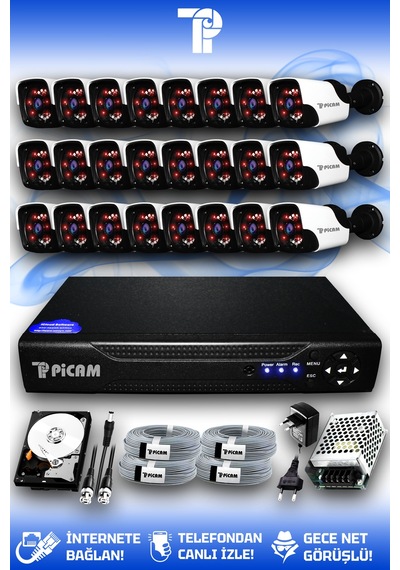 Picam 24 Kameralı Panda 24 Dış Kamera Set 2 TB HDD Full HD Gece Görüşlü Güvenlik Kamerası Sistemi