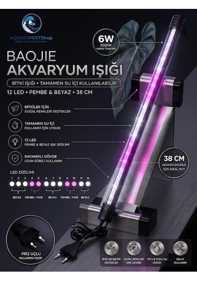 Akvaryum Işığı - Bitki Işığı - Balık Işığı - Tamamen Su İçinde Kullanılabilir - 12 Led - Pembe Beyaz - 38 Cm - Güçlü Aydınlatma - 6w