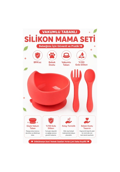 Jojobebek Vakumlu Silikon Mama Kasesi, Altı Vakumlu Mama Kasesi, Silikon Kaşık-çatal / Pembe