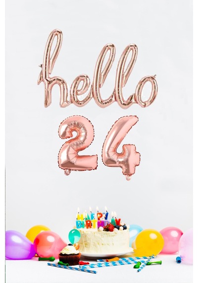 24 Yaş Doğum Günü Balonları - Hello 24 El Yazısı Rose Gold Renk Folyo Balon Pembe