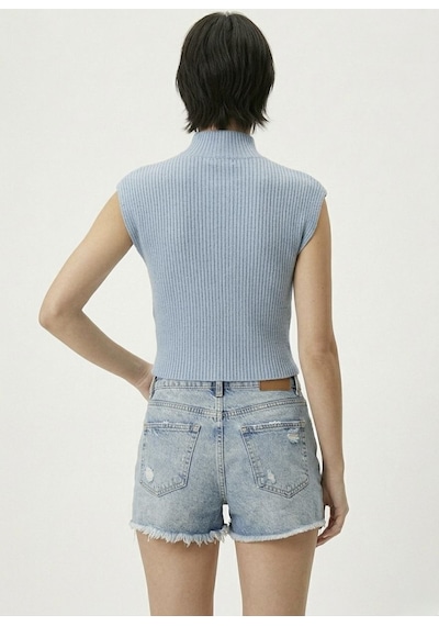 Neden Tekstil Kadın Yarım Balıkçı Yaka Fitilli Triko Kolsuz Crop Bluz - Mavi