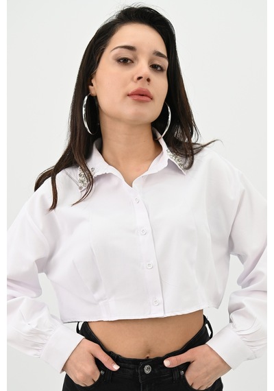 Koza Butik Kadın Yakası Taş Detaylı Crop Gömlek 1752-24 001