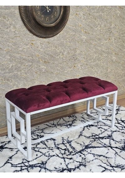 Zafir Beyaz Boyalı İçi Kareli Diktörtgen 100 Cm X 40 Cm Oturak Puf - Bench - Makyaj Oturağı - Oturak Bordo