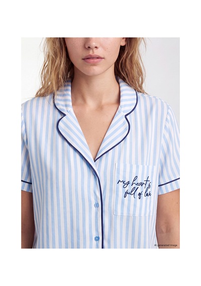 Lcw Dream Mavi Gömlek Yaka Çizgili Kadın Pijama Takımı