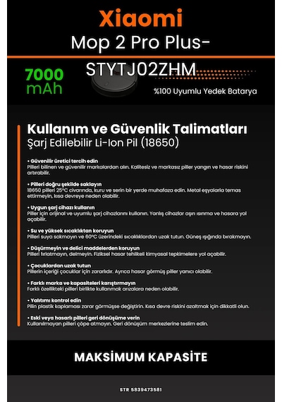 Xiaomi Mop Pro2+ 3D STYTJ02ZHM 7000mAh Robot Süpürge Bataryası
