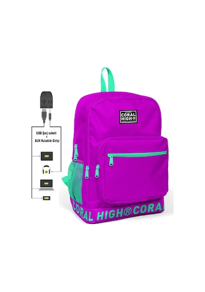 Coral High Logo Nakışlı Mor-yeşil Ortaokul. Lise ve Günlük Sırt Çantası 24102