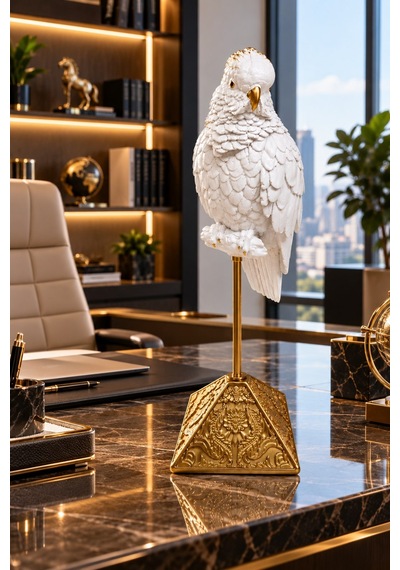 Beyaz Gold Papağan Biblo 55 Cm Dekoratif Salon Ve Ofis Aksesuarı