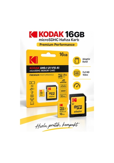 16gb Microsdhc Hafıza Kartı Uhs-ı U1 V10 A1 Class 10 85 Mb/s Full Hd Destekli Sd Adaptörlü