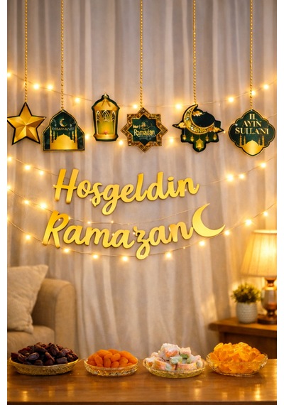 Hoşgeldin Ramazan Işıklı Süs 3 Metre Led + 6 Lı Ramazan Sarkıt Dekor Altın