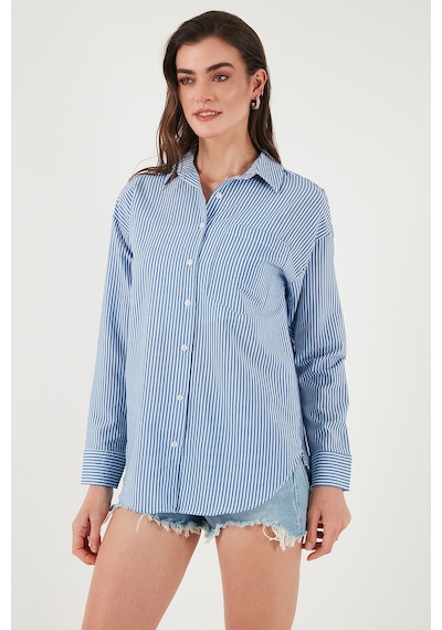 Lela Regular Fit Uzun Kollu Cepli Çizgili Bayan Gömlek 6772895 Indigo