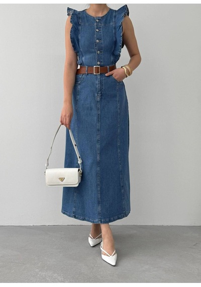 Mayrem Kadın Vintage Stil Kuşaklı Kot Elbise Lacivert