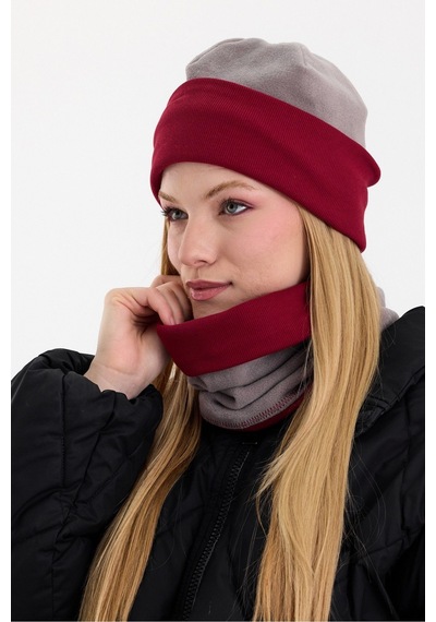 Butikgiz Kadın Dış Kısım Polar, İç Kısım Kaşkorse Pamuklu, Çift Renk, Çift Kat, Katlanabilir Bere Boyunluk Set Gri-bordo
