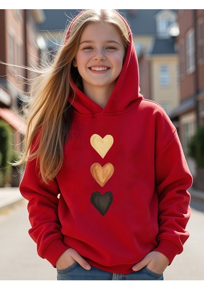 Uyguntarz Sıralı Kalpler Baskılı Oversize Çocuk Sweatshirt Kırmızı
