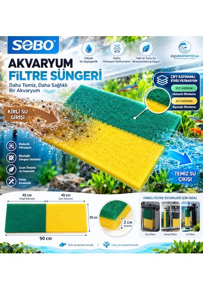 Akvaryum Filtre Süngeri - 90x30x2 Cm - Çift Renk - Yüksek Su Geçirgenlik - Üstün Tutucu Yapı - Yeşil Sarı