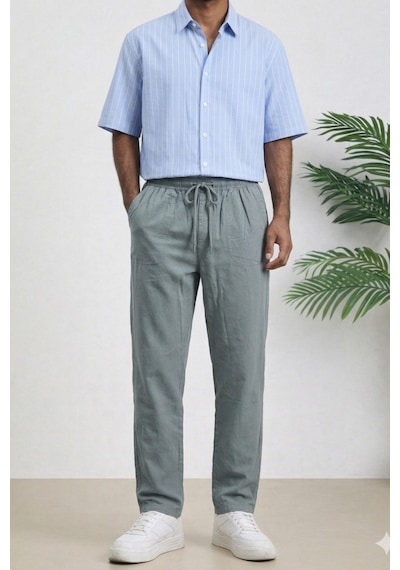 Tarz Cool Erkek Yazlık Keten Karışımı Relaxed Pantolon Gri