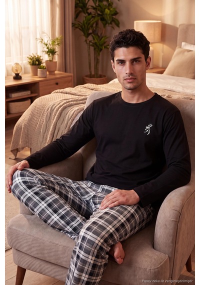 Buratti Ekoseli Pamuklu Bisiklet Yaka Uzun Kollu Pijama Takımı Erkek Pijama Takımı 6575003 Siyah Buratti Ekoseli Pamuklu Bisiklet Yaka Uzun Kollu Pijama Takımı Erkek Pijama Takımı 6575003 Siyah