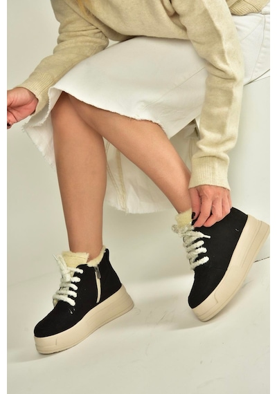 Fox Shoes V367343402 Siyah Süet İçi Tüylü Kalın Tabanlı Kadın Bot Siyah