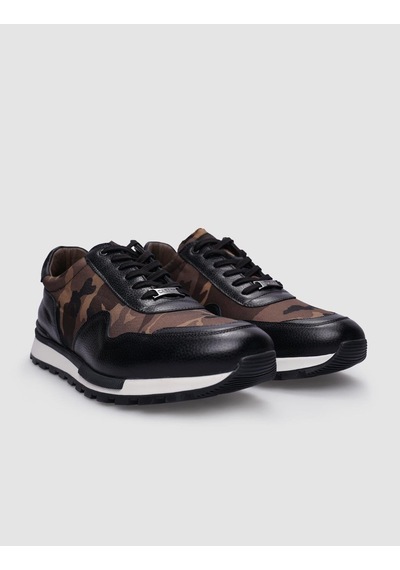 %100 Hakiki Deri Siyah Bağcıklı Kamuflaj Desenli Erkek Sneaker-siyah Siyah