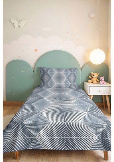 Mavi Geometrik Genç Odası Tek Kişilik Pike Takımı - Gri Modern 160x220 Cm Kapitone Yatak Örtüsü Mumlu Bulut Kokusu