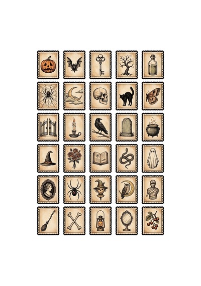 30 Adet Vintage Gotik Pul Temalı Sticker Seti - Laptop Defter Ajanda Scrapbook İçin Çok Renkli